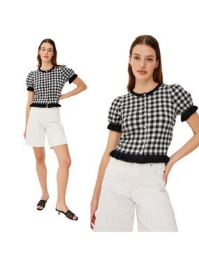 NEW Rails Lora Gingham Ruffled Knitwear Short Sleeve Blouse Black Size: Medium
